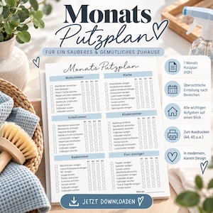 May include: A monthly cleaning schedule checklist printed on white paper with blue headers. The document features sections for living room, kitchen, bedroom, nursery, bathroom, and hallway tasks with checkboxes for four weeks. It includes German text.