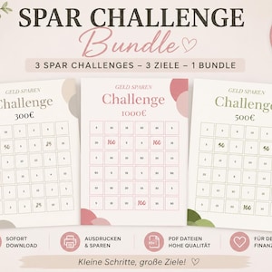 Könnte beinhalten: Ein Bundle mit drei druckbaren Spar-Challenges, die jeweils darauf ausgelegt sind, beim Sparen zu helfen. Die Challenges sind für 300€, 1000€ und 500€, mit einem Raster-Layout zur Fortschrittsverfolgung. Das Bild enthält deutschen Text.