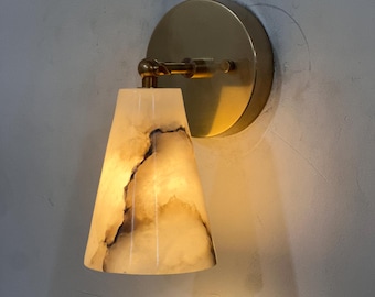 Moderne Messing Wandleuchte mit Marmor Glasschirm | Minimalistische Wandleuchte | Luxus Nachttischlampe | Warme Umgebungsleuchte