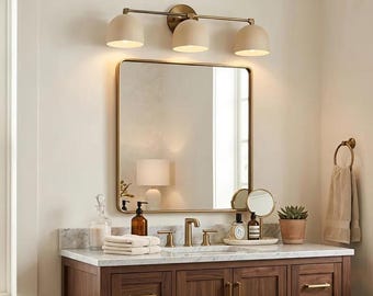 Modern 3-Light Vanity Light | Cream Shade Brass Bathroom Fixture | Mid Century Wall Lighting | Above Mirror Vanity Light