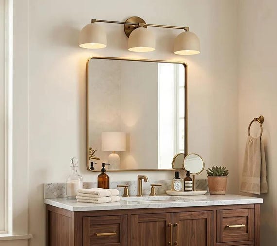Modern 3-Light Vanity Light | Cream Shade Brass Bathroom Fixture | Mid Century Wall Lighting | Above Mirror Vanity Light
