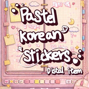 Puede incluir: Ilustración digital rosa pastel con las palabras "Pastel Korean Stickers" en una fuente caprichosa. El diseño incluye texto coreano, un ratón y un bolígrafo, con una estética suave y soñadora.