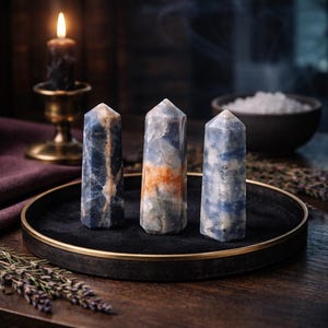 May include: Three blue and white crystal towers with pointed tops are displayed on a black tray with a gold rim. The crystals have unique patterns and colors, including orange and gray. A lit candle and a bowl of salt are in the background.