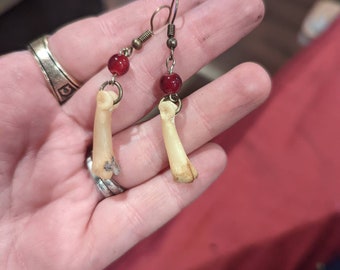 Coyote phalanges finger toe bones with red agate bead on brass fishhook