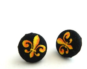 Black and Gold Fleur De Lis Button Earrings