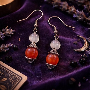 Carnelian Selenite Earrings •  Stainless Steel Dangle •  Floral Spacers