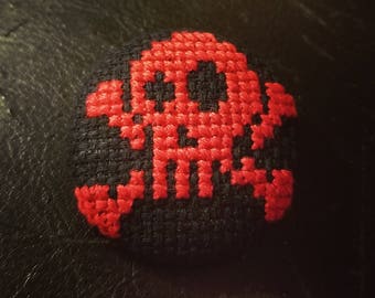 Cross stitch red skull button pin!