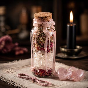 May include: A clear glass bottle filled with layers of dried herbs, crystals, and rose petals, sealed with a cork and pink wax. A pink cord and two linked heart-shaped stones are in the foreground. A lit black candle is in the background.