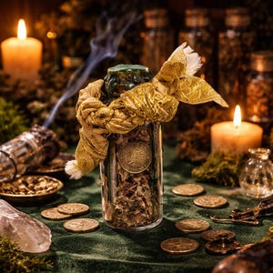 May include: A glass jar filled with dried herbs and a gold coin, tied with a gold ribbon. Lit candles and scattered coins surround the jar on a green surface. Smoke rises from a nearby incense burner, creating a mystical atmosphere.