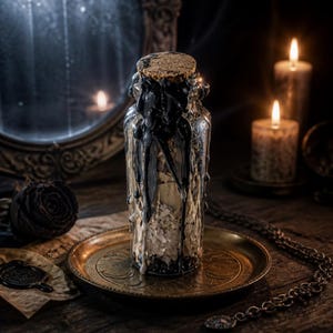 Puede incluir: Una botella de vidrio transparente con tapón de corcho, cubierta de goteos de cera negra. La botella está sobre una bandeja dorada, con una rosa negra y velas encendidas al fondo. La escena evoca un tema gótico o de boticario.