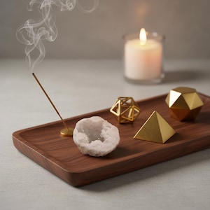 May include: A wooden tray holds a lit incense stick with smoke, a lit candle, a geode, and gold geometric shapes. The shapes include a pyramid, a dodecahedron, and a complex openwork form. The candle is in a clear glass holder.