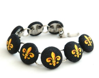 Black and Gold Fleur De Lis  Button Bracelet
