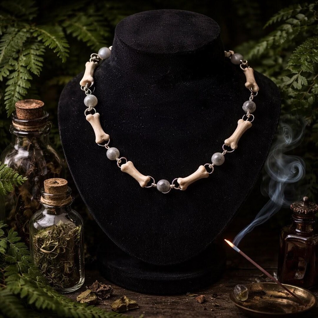 Coyote Phalanges Toe Bone Choker • Labradorite Beads • Gothic