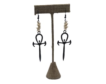 Black ankh with rattlesnake vertebrae on fishhook earrings