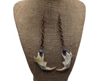 Muskrat mandible jaw bone lapis lazuli on faux copper chain fishhooks