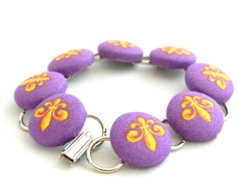 Purple and Gold Fleur De Lis  Button Bracelet