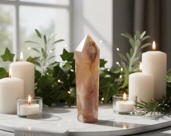 Flower Agate Tower • Polished Crystal Point • Natural Stone • Meditation and Home Decor