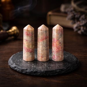May include: Three pink and beige crystal towers with a hexagonal shape are displayed on a dark gray, round, textured stone. The crystals have a polished finish and are arranged in a row. The background is blurred, with hints of a book and other objects.
