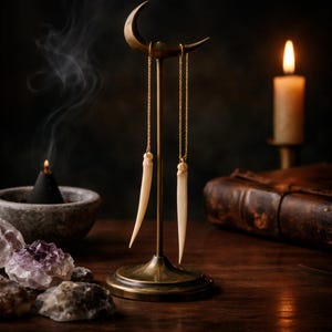May include: A pair of ivory-colored, elongated pendant earrings hang from a gold-toned crescent moon-shaped display stand. The stand is on a wooden surface, with a lit candle and incense burner in the background. Crystals and a leather-bound book are also visible.