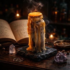 May include: A lit candle in a jar with melting wax, emitting smoke. The candle sits on a dark, textured square, with a book, crystals, and a pentagram nearby. The scene has a mystical, magical theme.