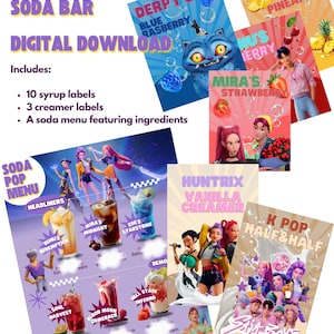 Könnte beinhalten: Digitaler Download für eine "Saja Boy Themed Soda Bar". Enthält 10 Sirup-Etiketten, 3 Sahne-Etiketten und eine Soda-Karte. Die Karte zeigt illustrierte Soda-Getränke mit Namen wie "Derpy's Blue Raspberry" und "Abby's Pineapple". Das Thema ist farbenfroh.