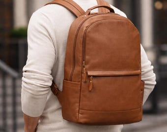 Handgemaakte leren rugzak, minimalistische laptoprugzak, reiswerktas