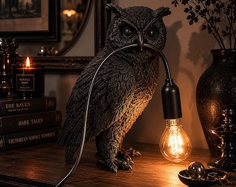 Gothic Owl Lamp Decor | Dark Academia Table Lamp | Gothic Bedroom Lighting | Witchy Owl Light | Ravencore Home Decor
