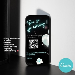 May include: A black smartphone screen shows a digital invitation with the text "Thank you for coming!" in teal script. A QR code and a white balloon graphic are also visible. The Canva logo is in the bottom right corner.