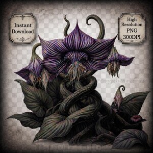 May include: A digital illustration of a dark, fantastical flower with deep purple petals and intricate details. The image features twisted vines, large leaves, and text that reads "Instant Download" and "High Resolution PNG 300DPI".