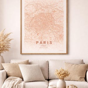 Mapa de París al atardecer, lámina minimalista de París para pared, póster de mapa de ciudad en tonos neutros, decoración con estética terracota, mapa moderno de París, descarga digital.