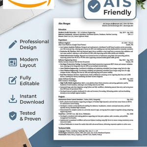 May include: A resume template with a professional design, modern layout, and the text "ATS Friendly." Includes sections for experience, skills, and projects. The resume is fully editable and available for instant download.