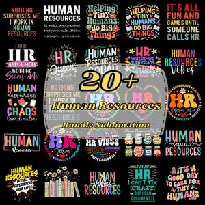 May include: A digital collection of over twenty colorful graphic designs featuring Human Resources themes, slogans, and typography on a black background. The designs include phrases like HR Queen, Human Resources Squad, and various motivational quotes.