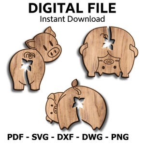 May include: Three wooden pig-shaped cutouts with a star-shaped hole. The pigs are light brown with dark brown edges. The text "DIGITAL FILE Instant Download" and file type abbreviations are at the top and bottom.