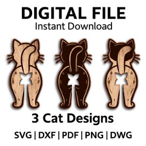 以下が含まれることがあります： 切り抜かれた星型の3つの木製猫のデザイン。画像には「DIGITAL FILE Instant Download」と「3 Cat Designs」のテキストが含まれており、ファイル形式のオプションはSVG、DXF、PDF、PNG、DWGです。