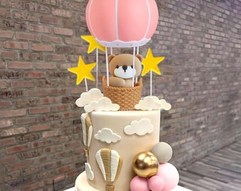 Blue Pink Bear Cake Topper Gender Reveal Hot Air Balloon Baby Shower Birthday Decoration Set Baptism Cake topper Cupcake topper
