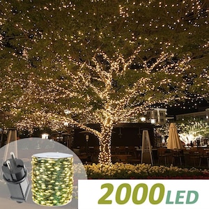 Peut inclure: Une bobine de 2000 guirlandes lumineuses LED blanc chaud avec un fil vert foncé et une prise électrique standard. Les lumières sont présentées enroulées sur la bobine et illuminées sur un grand arbre en extérieur.