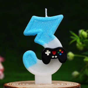 Gamer Number Birthday Candle 0-9, Blue Glitter Game Controller Cake Topper, Video Game Birthday Cake Decor, Gaming Party Candle, Boys Cake