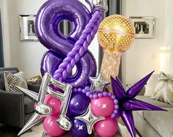 Purple Number Balloon Set 0-9, Microphone Music Note Balloons, Disco Birthday Party Decor, Music Theme Party Decorations Gift