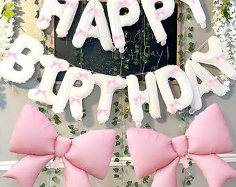 Happy Birthday Banner, Pink Bow Birthday Banner, Birthday Balloons Party Decor, Pink Birthday Banner Decoration, Cute Birthday Party Banner