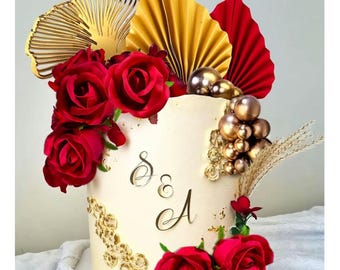 Red Rose Gold Ginkgo Leaves Cake Topper Set, Queen Crown Decoration baptism cake topper Cupcake topper
