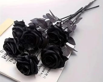 5 Künstliche schwarze Rosen | Langstielige Gothic Seidenblumen, Moody Decor Tiktok