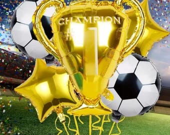 サッカーバルーン5個セット - チャンピオントロフィー＆スターホイルバルーン - サッカー誕生日パーティー装飾 - スポーツお祝い教室装飾
