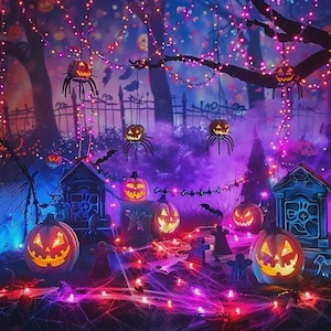 May include: A Halloween display featuring glowing jack-o'-lanterns, spider-shaped pumpkin ornaments hanging from purple string lights, and miniature gravestones arranged on a surface covered with white spider webs in a dark forest.