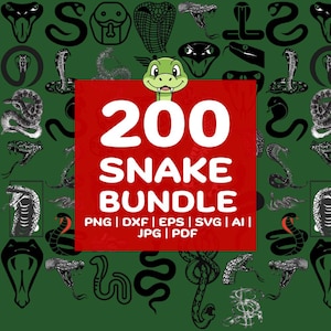 Puede incluir: Un fondo verde con varias ilustraciones de serpientes en blanco y negro. Un cuadrado rojo en el centro muestra "200 SNAKE BUNDLE" en blanco, con opciones de formato de archivo debajo. Una serpiente de dibujos animados asoma por arriba.