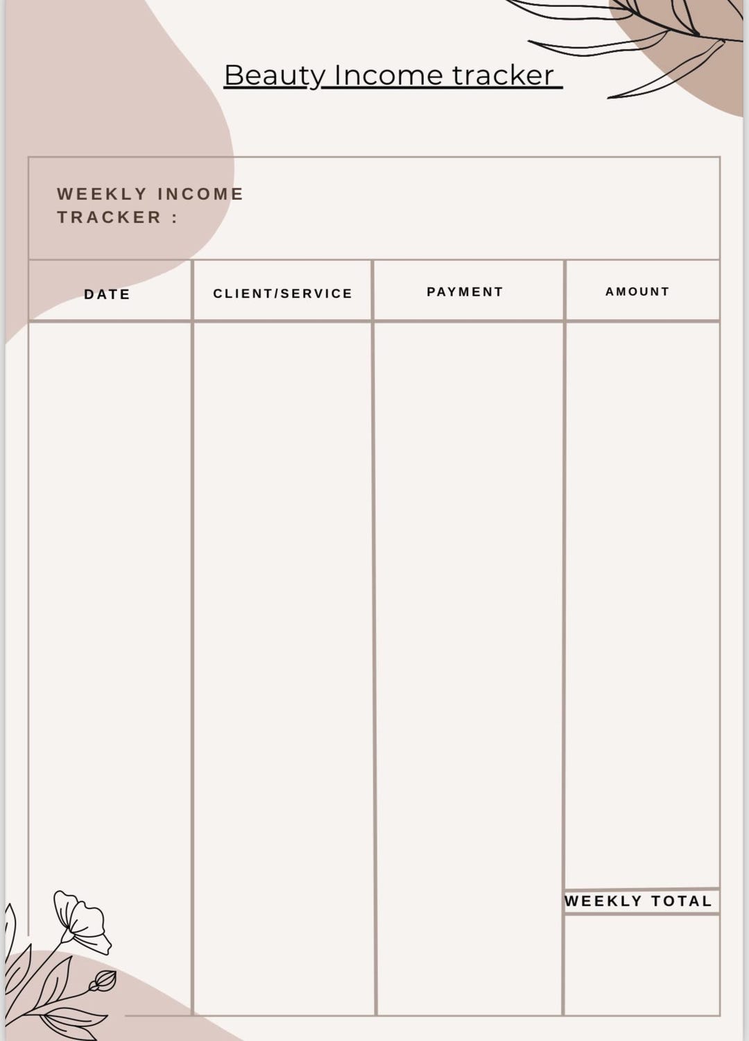 Beauty Weekly Income Tracker - Etsy