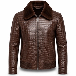 May include: A brown jacket featuring a textured crocodile-skin pattern, a full-length front zipper, and a dark brown fur collar. The garment includes ribbed cuffs and a ribbed hem, providing a structured fit with long sleeves and a classic collar.