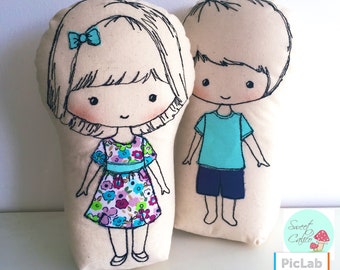 Sewing and freemotion embroidery pattern for Emma and Eric dolls