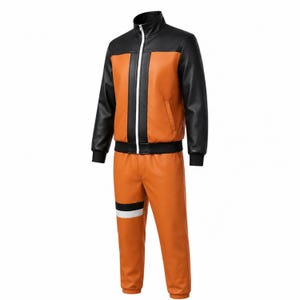May include: A two-piece set consisting of a jacket and pants made of orange and black faux leather. The jacket features a high collar, a white front zipper, and black sleeves. The orange pants include a black and white horizontal stripe on the leg.