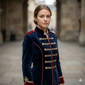 May include: A navy blue velvet jacket with gold buttons and red trim. The jacket features a high collar and epaulets. The sleeves have red cuffs with gold embroidery. A military-style garment.
