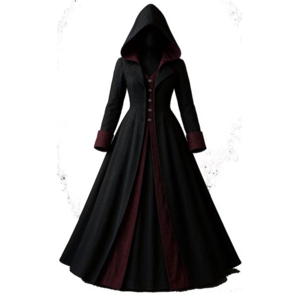 Gothic Victorian Coat | Handmade Hooded Steampunk Trench Cosplay in Wool, Cotton, Velvet